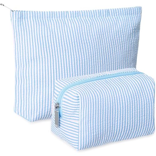 Huhumy 2 Pcs Makeup Bag Set Cute Cosmetic Pouch for Women Seersucker Travel Toiletry Bag Preppy Small Makeup Purse Pouch Aesthetic Skincare Brushes Storage Organizer for Valentine Women(Blue)