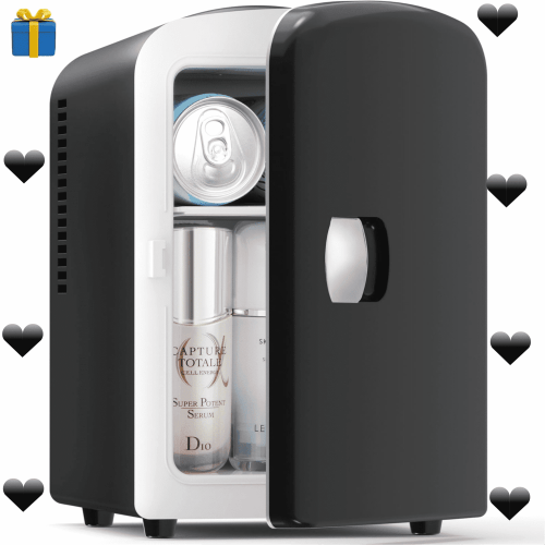 Auseo Mini Portable Fridge Personal, Countertop, 4L/6 Cans, Cooler Small Refrigerator, Front Door Stainless Steel, AC/DC, Option for Skincare, Makeup, Drinks, Dorm Room, White