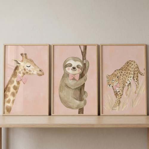 Blush Pink Bow Animal Wall Art Set of 3 - Pink Bowtie Safari