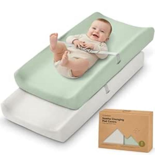 2-Pack Organic Changing Pad Covers for Girl, Boy, Neutral - 100% Cotton Changing Table Pad Cover, Soft Baby Nursery Diaper Changing Pad Sheets, Contour Changing Pads Liners, Change Pad Cover (Sage)