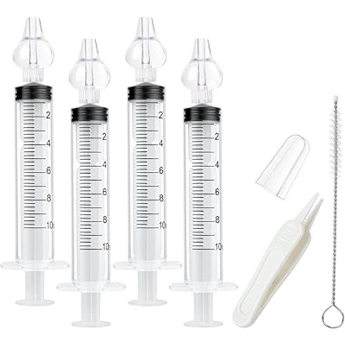 Aolso Baby Nasal Irrigator, 4PCS Nasal Syringe for Baby, Syringe Nasal Irrigator with Tweezers & Cleaning Brush, Baby Nasal Aspirator with Silicone Nasal Suction Tips Portable Baby Nasal Syringe