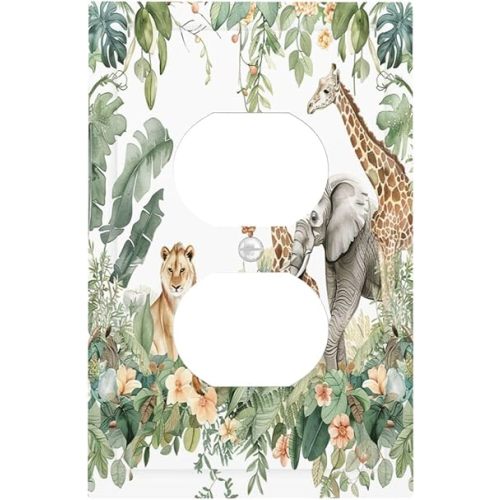 Outlet Covers Tropical Leves And Safari Animals 1 Gang Duplex Light Switch Cover Decorative Switch Plates Electrical Receptacle Faceplate Wall Plate For Nursery Kids Room Decor