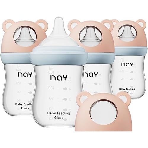 yanyoyo Natural Glass Baby Bottle for Breastfeeding Babies, 5.4oz Anti-Colic Baby Bottle with Natural Response Nipple(S), Clear, Wide Neck, 4 Pack, 1 Months+