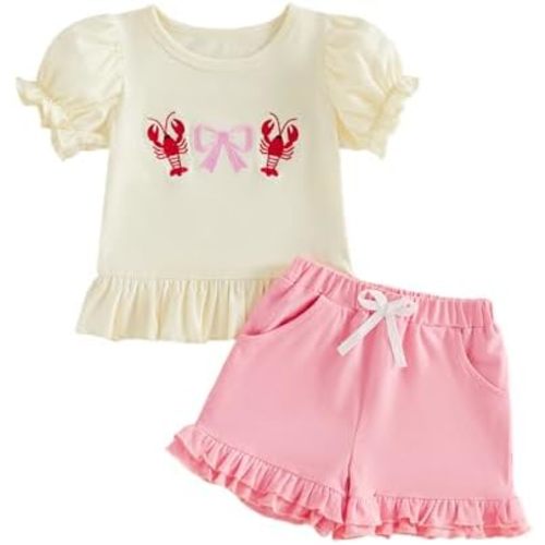 Girl Lobster & Bow with ruffle shorts Summer Outfit 9-12M