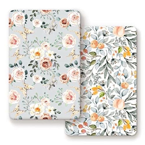 GRSSDER Stretchy Ultra Soft Jersey Knit Fitted Pack n Play Sheets Set 2 Pack, Portable/Mini Crib Sheets for Girls, Watercolor Flowers and Fruits