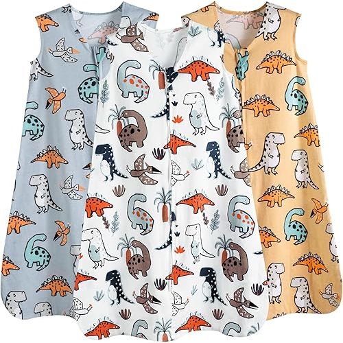 PHF Soft Baby Sleep Sack 18-24 Months 100% Organic Cotton Wearable Blanket, 2-Way Zipper 0.5 TOG Toddler Sleeping Sack 3 Pack, Comfy Sleep Bag for Baby Boys Girls, Dinosaur (X-Large)