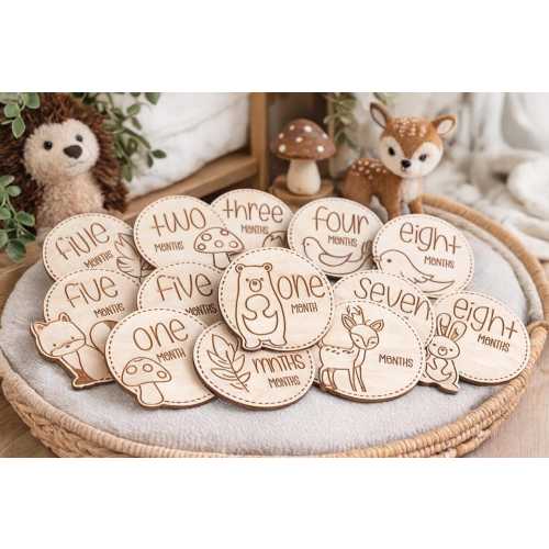 Woodland Baby Monthly Milestone Discs | Natural Baltic Birch Photo Prop Set (12 Pieces)