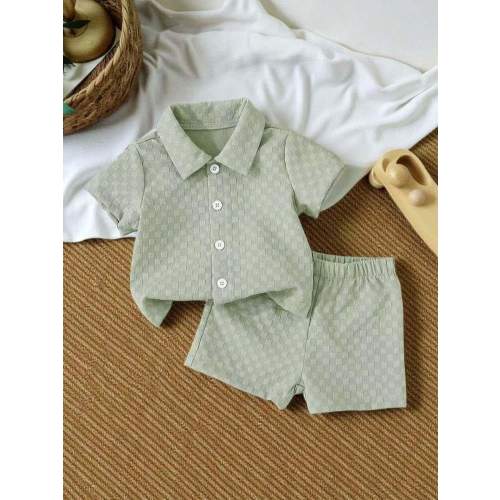 SHEIN Vintaside Kids 2pcs Infant Baby Boys Casual Everyday Versatile All-Match Solid Texture Fabric Shirt & Shorts Fashion Street Chic Outfit, Suitable For Outdoor Activities & Vacation, Spring/Summer | SHEIN USA