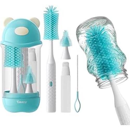 Electric Bottle Brush Cleaner Set, Bear-Shaped Travel Baby Bottle Cleaner Kit with Silicone Nipple & Straw Brush, Soap Dispenser, Drainage Rack, Storage Box(Blue)