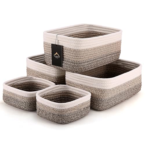 5-Pack Small Woven Rope Storage Baskets – 2 Sizes Organizer Bins for Closet, Shelf, Bookshelf, Nursery, Changing Table, Fabric Cube Boxes, Rectangular Shallow Bins for Bathroom, Toy & Home