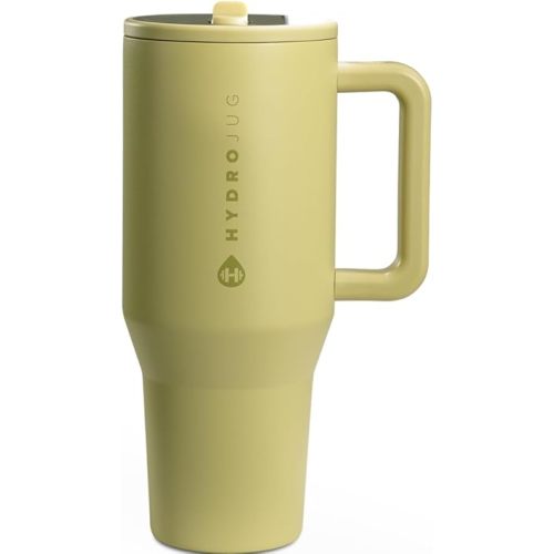 HydroJug Traveler - 32 oz Water Bottle with Handle & Flip Straw - Fits in Cup Holder, Leak Resistant Tumbler-Reusable Insulated Stainless Steel & Rubber Base - Gifts for Women & Men, Olive