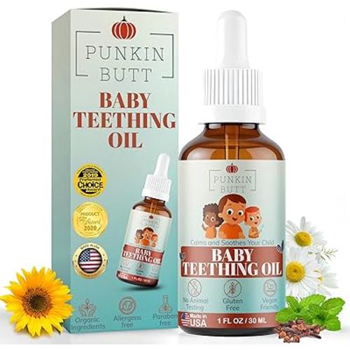Punkin Butt Teething Oil for Babies, Amber Glass Bottle with Dropper, Natural Teething Relief for Babies, Herbal Infusion with Chamomile, Clove & Peppermint, Daily Use, 1oz