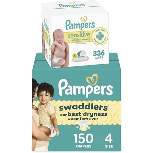 Pampers Swaddlers Disposable Baby Diapers Size 4, 150 Count with Sensitive Water Based Baby Wipes 4X Pop-Top Packs (336 Count)