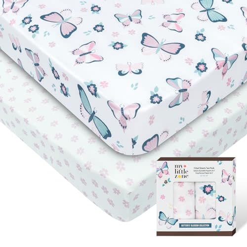 Girls Crib Sheets, 2 Pack Standard Crib Mattress Sheets (28"x52"), Pink + Butterfly Pattern, Cotton