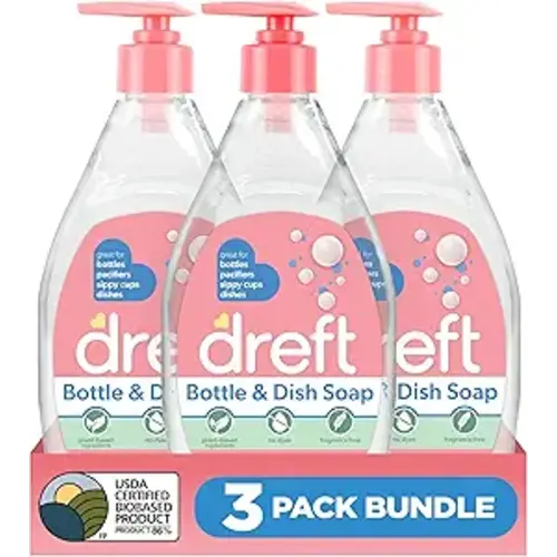 DREFT Bottle and Dish Soap | Made to Clean Baby Bottles, Sippy Cups, Pacifiers, Breast Pumps, & More | Gently Removes Milk Film & Odors | Plant Based, Fragrance Free Dish Soap | 18 Fl Oz (Pack of 3)