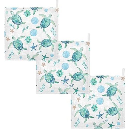 Burbuja Watercolor Sea Turtle Baby Washcloths - Muslin Cotton Soft Absorbent Baby Towel for Newborn Baby Sensitive Skin - Baby Essential Item, 12x12 in, 3 Pack