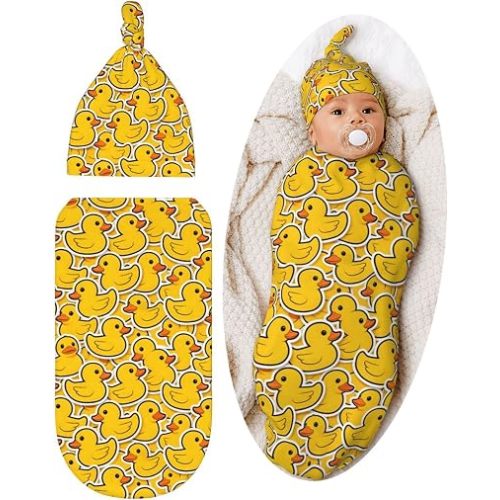Cute Rubber Duck Baby Stuff Newborn Swaddle Blankets Soft Swaddling Blanket With Hat Sets Gifts For Infant Boys Girls