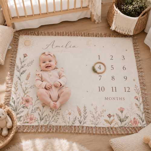 Custom Name Baby Milestone Blanket, Personalized Woven Rainbow Baby Blanket, Monthly Growth Tracker Photo Prop, Boho Nursery Gift, Baby Girl