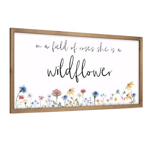 pechpell 23.6×15.7 Inch In A Field Of Roses She Is A Wildflower Sign, Wooden Wildflower Wall Art With Wood Framed, Floral Pictures Nursery Bedroom Living Room Decor For Home