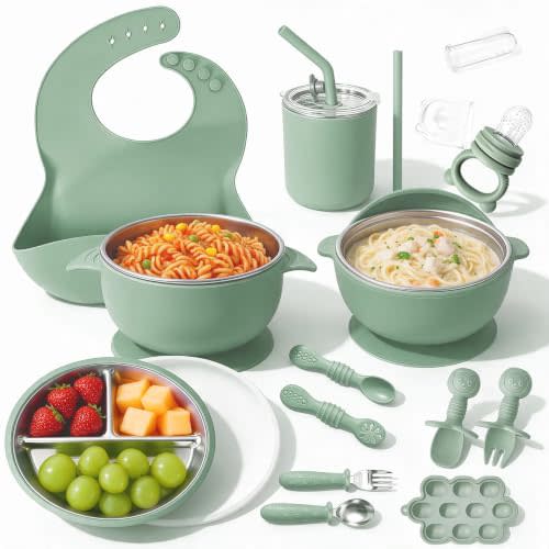 17PCS Stainless Steel Baby Feeding Set with Suction, Green | BPA-free, Divided Plate with Lid, 2 Bowls, Straw Cup, Silicone Spoons & Forks, Bib, Freezer Tray, Fruit Feeder, Finger Brush
