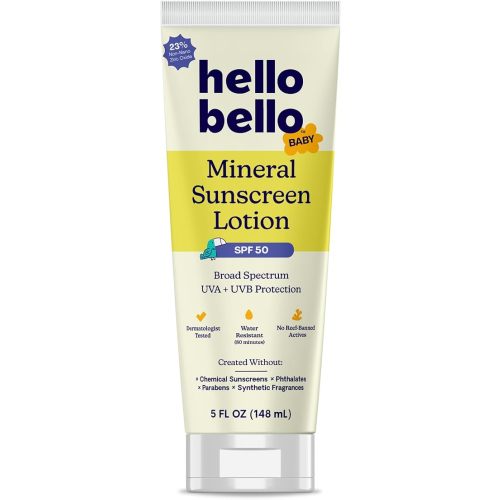 Hello Bello Baby Mineral Sunscreen SPF 50 Lotion - Broad Spectrum Sun Protection for Sensitive Skin - Water Resistant with Antioxidants - 5oz