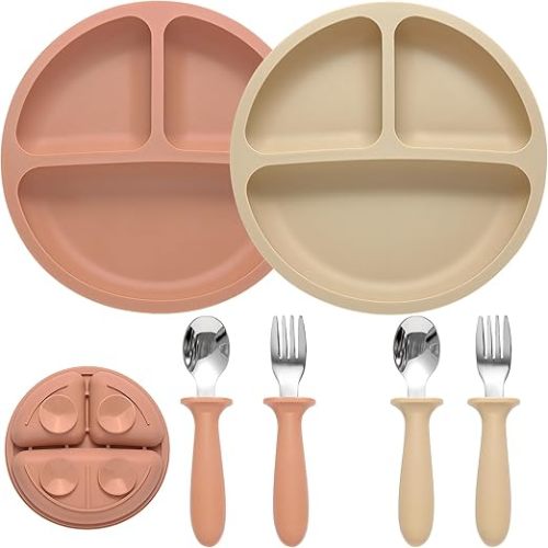 Silicone Baby Feeding Set, 2 Pack Divided Suction Plates for Baby, 2 Pack Spoons and Forks Set Baby Eating Essentials, Feeding Supplies for Toddler Utensils, BPA Free