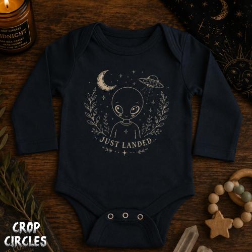 Goth Baby Bodysuit, Alternative Infant Clothes, Dark Aesthetic Long Sleeve Romper, Just Landed Alien Shirt, Mystical New Born Gift
