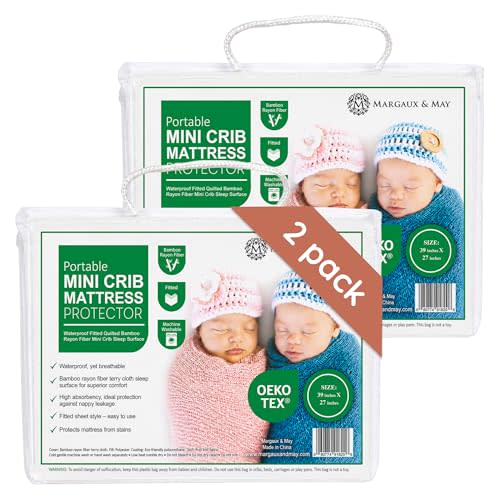 Margaux & May Pack N Play Mattress Protector, 2-Pack, Oeko-TEX® Certified | 100% Waterproof, Fitted, 39" x 27", Playard Mattress Cover, Mini Crib Mattress Protector, Soft Noiseless Protection