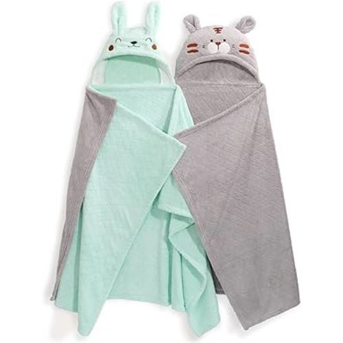 2-pack 50x32 Inch Fleece Hooded Bath Towels - Green & Grey Set