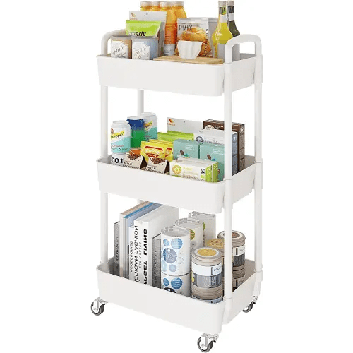 Laiensia 3-Tier Storage Cart,Multifunction Kitchen Storage Organizer,Mobile Shelving Unit Utility Rolling Cart with Lockable Wheels for Bathroom,Laundry,Living Room,With Classified Stickers,White