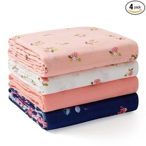 Momcozy Muslin Swaddle Blankets, 4-Pack Breathable and Skin-Friendly Receiving Blankets, Best Wishes Swaddle Blanket Shower Gifts & Baby Girl Newborn Essentials, Large 47"x47", Blooming Dream