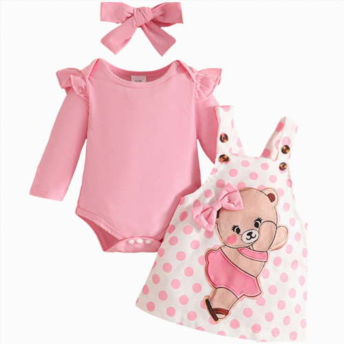 CAICJ98 Baby Girl Clothes Suspender Skirt Newborn Long Sleeve Ruffled Romper + Cute Bear Dress + Headband Fall Winter Spring Outfits Pink,Size 0-3 Months