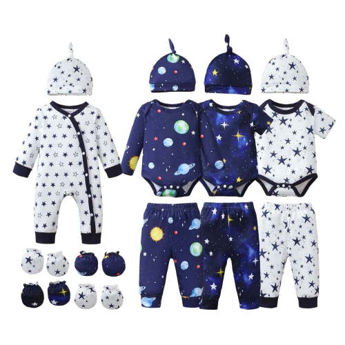 KIMI BEAR Newborn Baby Boys Layette Set 4-Packs Outfit Long Sleeves Romper Top Short Sleeves Top Romper Sets Pant Sets Stars Print Clothing with Hats and Mittens 19Pcs Gift Blue NB