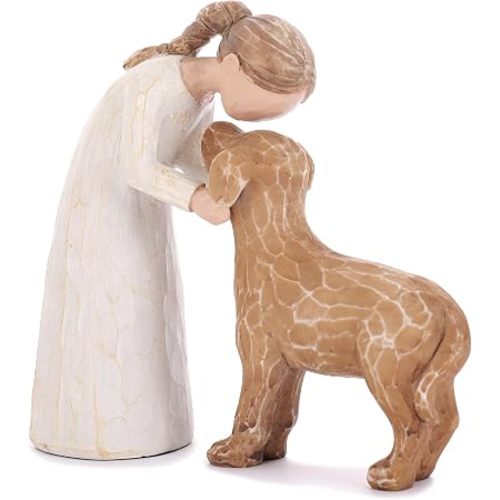 Resin Woman and Dog Statue Home Decor, Pet Lover Gift, Brown