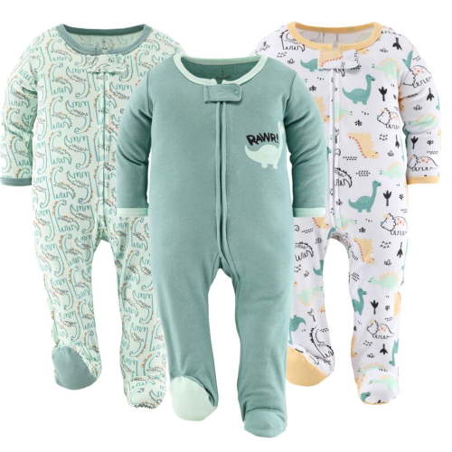 The Peanutshell Sleep n Play Green Dino Footed Pajamas for Baby Boys Set, 0-3 Months, 3-Pack