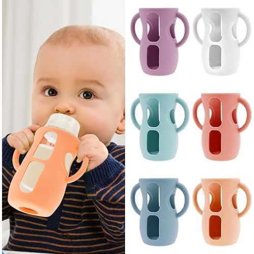 6 Pack Silicone Sleeves for Avent Glass Baby Bottles, Baby Bottle Sleeves with Easy-Grip Handles, Non-Slip Anti Breakage Baby Bottle Holder, Compatible with Philips Avent Glass Bottle 8 oz