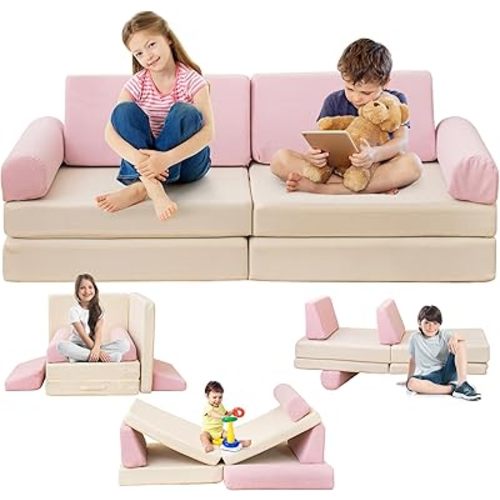 Modular Kids Play Couch, 5 Second Quick Bounce High Density Foam, Corduroy Fabric, Kids Sofa That Inspires Toddler Creativity for Playroom Bedroom Living Rooms Toddler Sofa -Pink and Beige
