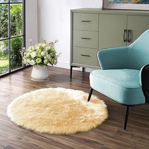 Latepis Yellow Circle Rug Faux Sheepskin Fur Round Rugs 4ft Washable Cute Plush Shaggy Rug for Bedroom Living Room Rugs for Sofa Floor Luxury Home Decor