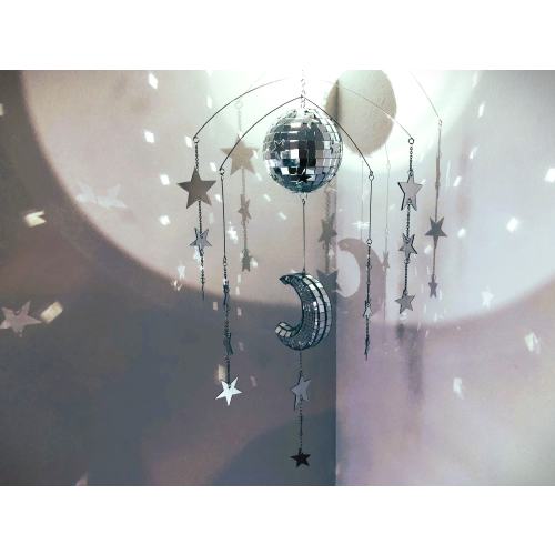 Disco Moon and Stars Mobile | Celestial Mirror Art | Funky Maximalist Suncatcher
