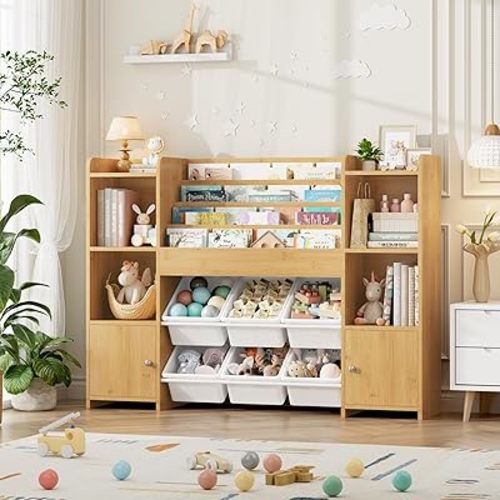 FINETONES Toy Storage Organizer with 6 Toy Bins, Toy Organizer Kids Bookshelf with 6 Cubbies, Toy Organizers and Storage Bins Playroom Storage for Kids Room, Natural