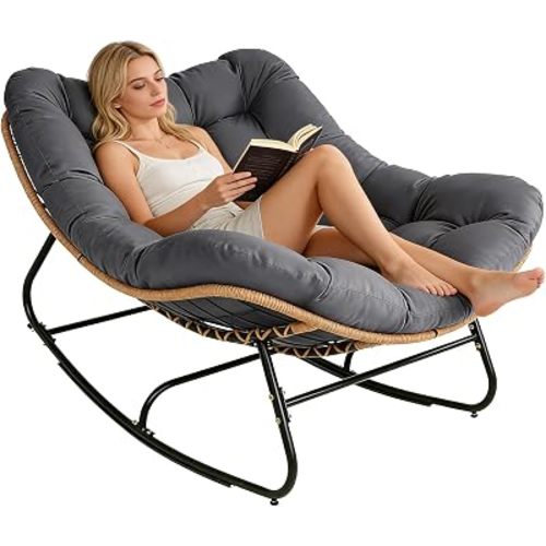SUNCROWN Oversized Wicker Rocking Chair Indoor Outdoor, 450 LBS Heavy Duty Patio Papasan Egg Chair with Cushion, E-Coated Frame Lounge Rocker for Garden Balcony Porch Living Room, Dark Grey