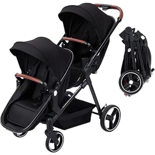 Tandem Double Stroller Newborn and Toddler, Foldable Twin Stroller with Reversible Seat, 5-Point Safety Harness, Adjustable Backrest & Canopy, Storage Basket