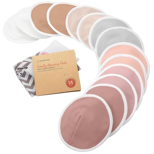 Organic Nursing Pads, 14 Washable Breast Pads,Wash Bag (Neutrals, L 5")