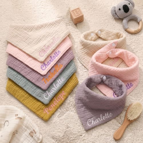 Personalized Baby Bib Muslin, Custom Name Bandana Bib, Embroidered Baby Shower Gift,Baby Essentials Gift