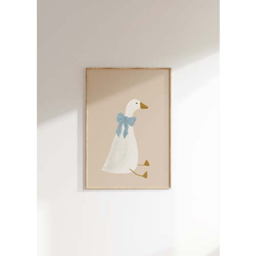 Silly Goose Wall Art Cute Goose Poster Beige Nursery Decor Farm Animal, Blue Coquette Room Decor Girl'S Room Goose With Bow Print Wall Art, Modern Wall Decor, 8x12 UNFRAMED