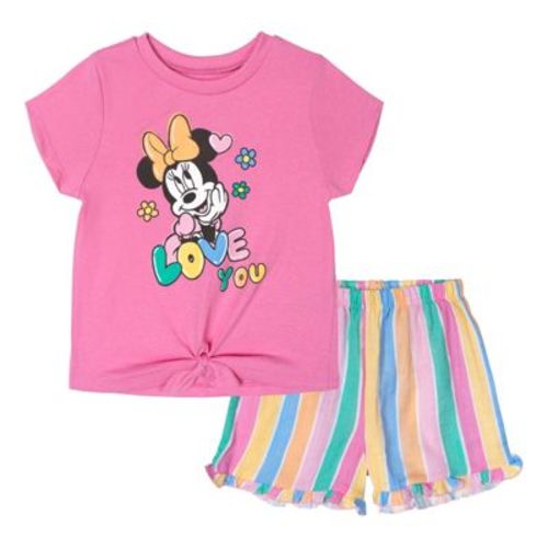 Disney Minnie Mouse Toddler Girls' Short Sleeve Tie Front T-Shirt and Ruffled Gauze Shorts Outfit Pink Multi 4T