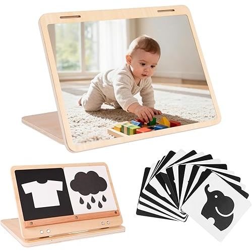 Tummy Time Mirror Large Baby Mirror Toy and Card Display Stand with Black and White High Contrast Baby Cards Double-Sided Design Adjustable Angle Montessori Mirror