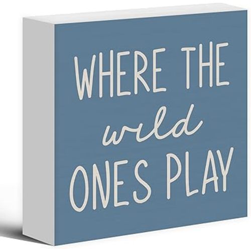 Where The Wild Ones Play Blue Wood Box Sign Desk Decor 5X5, Nursery Kids Room Wooden Block Sign Decorations for Playroom Toddler Boys Girls Room Wall Tabletop Shelf Decor