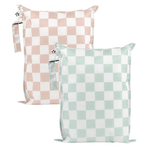 Tiny Twinkle Mess Proof Wet Bags | 2-Pack Reusable Waterproof Wet Bags for Swimsuits | Baby Clothes | Travel & Diaper Bag (Unisex Checkers)