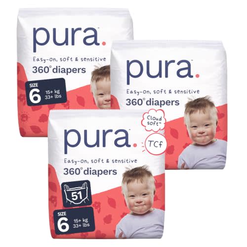Pura 360° Stretch Diaper Pants Size 6 (33+ lbs) 51 Count | 360° Stretchy Fit, Easy Pull Up & Down, Cloud Soft for Sensitive Skin, Totally Chlorine Free*, Allergy UK Certified